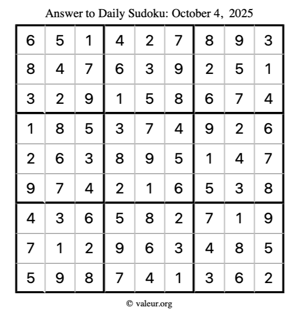 Answer to sudoku October 4, 2025
