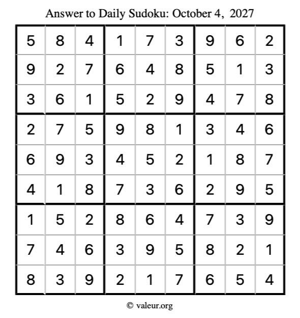 Answer to sudoku October 4, 2027