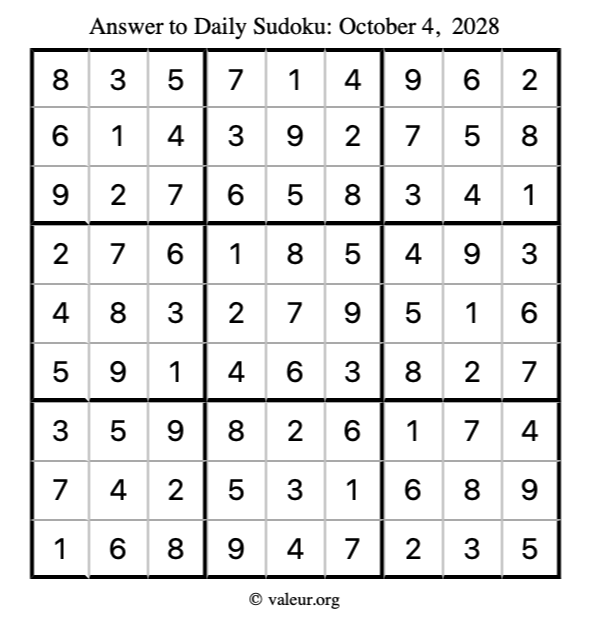 Answer to sudoku October 4, 2028