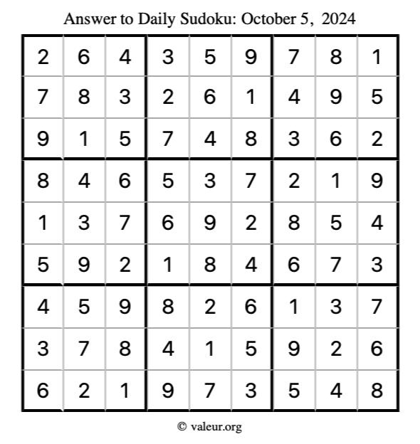 Answer to sudoku October 5, 2024