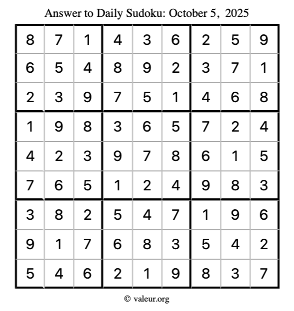 Answer to sudoku October 5, 2025