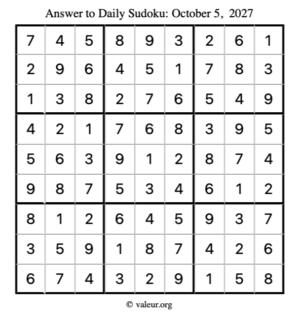 Answer to sudoku October 5, 2027