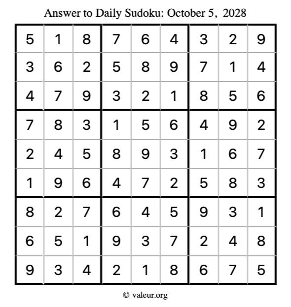 Answer to sudoku October 5, 2028