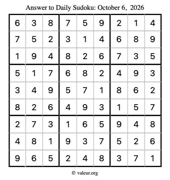 Answer to sudoku October 6, 2026