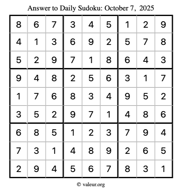 Answer to sudoku October 7, 2025