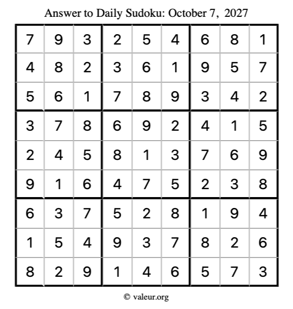 Answer to sudoku October 7, 2027