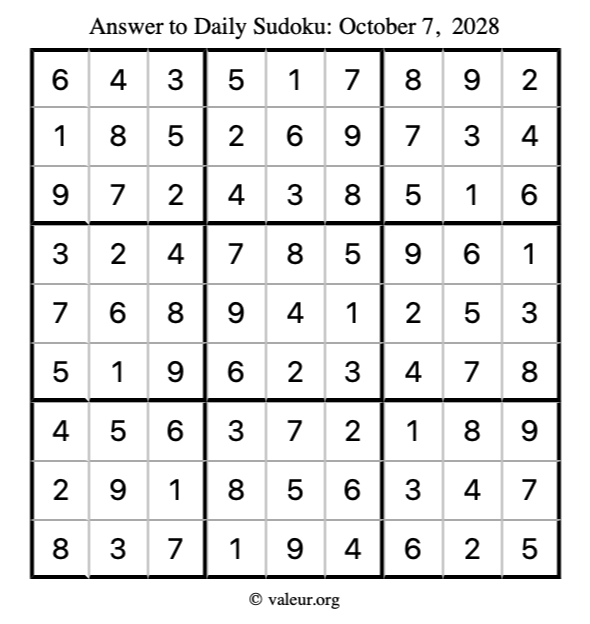 Answer to sudoku October 7, 2028