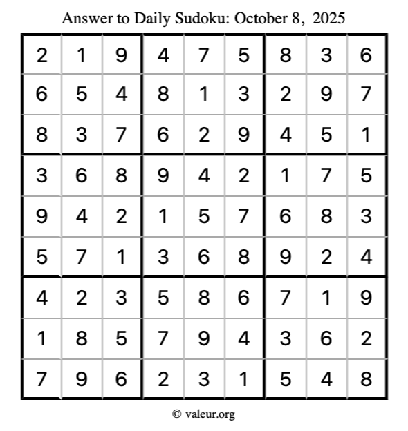 Answer to sudoku October 8, 2025