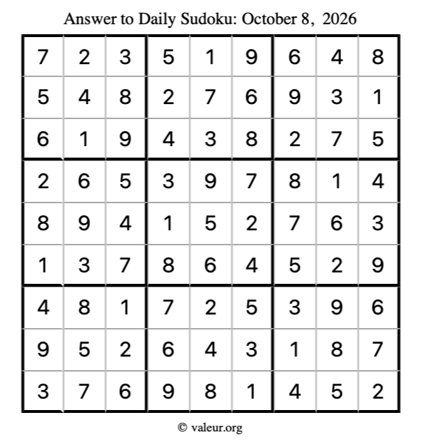 Answer to sudoku October 8, 2026