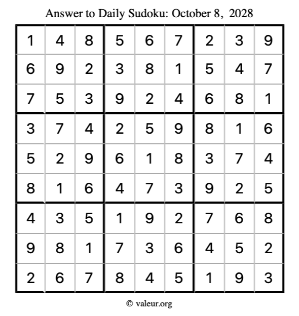 Answer to sudoku October 8, 2028