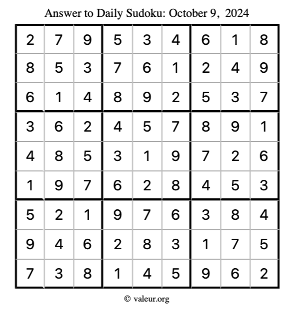 Answer to sudoku October 9, 2024