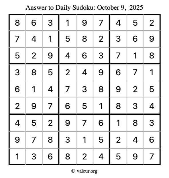 Answer to sudoku October 9, 2025