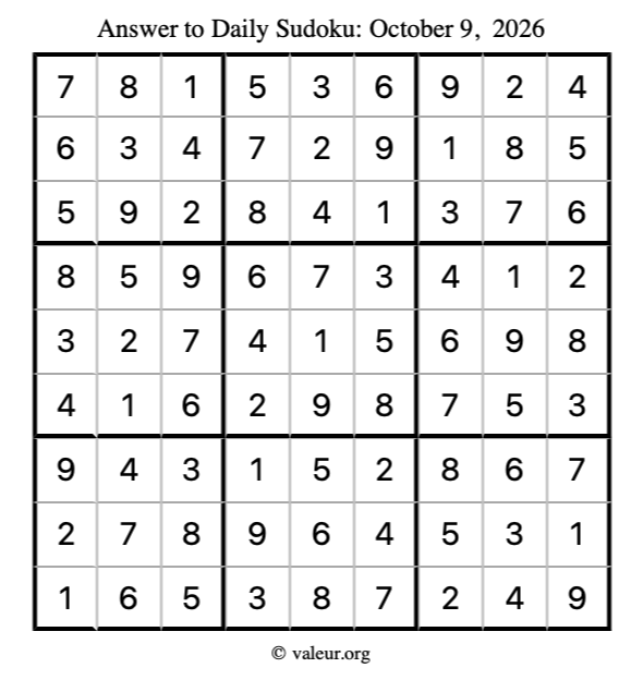 Answer to sudoku October 9, 2026