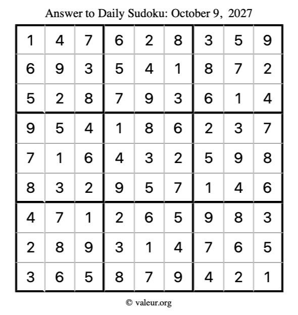 Answer to sudoku October 9, 2027