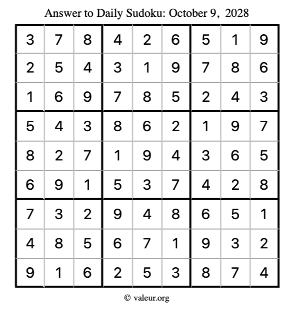Answer to sudoku October 9, 2028