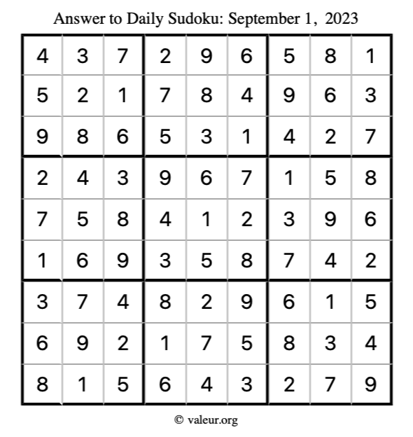 Answer to sudoku September 1, 2023