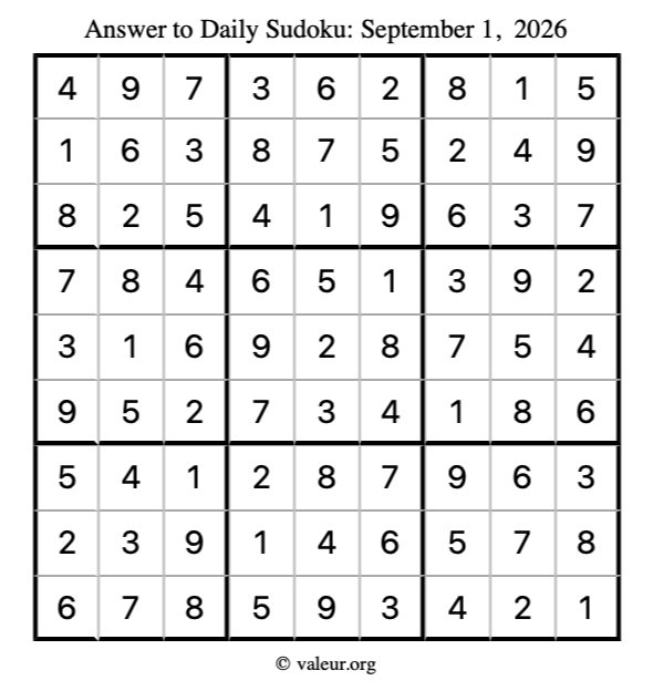 Answer to sudoku September 1, 2026