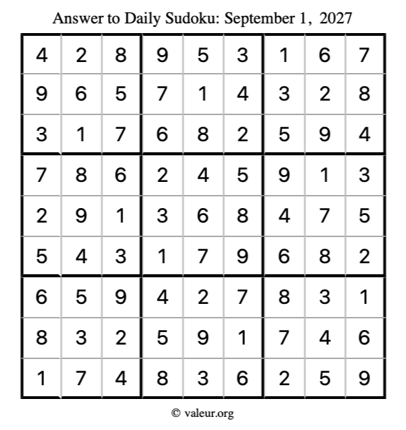 Answer to sudoku September 1, 2027