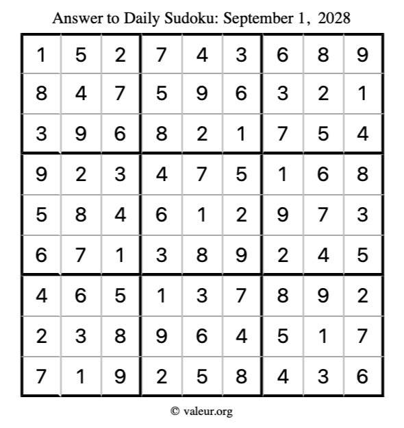 Answer to sudoku September 1, 2028