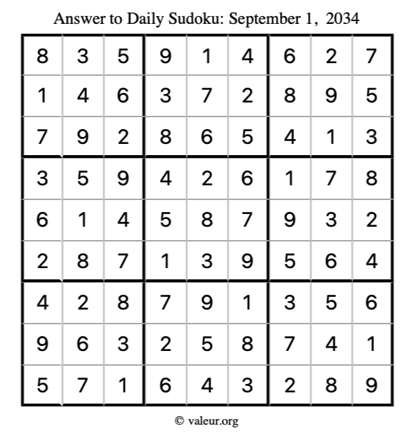 Answer to sudoku September 1, 2034