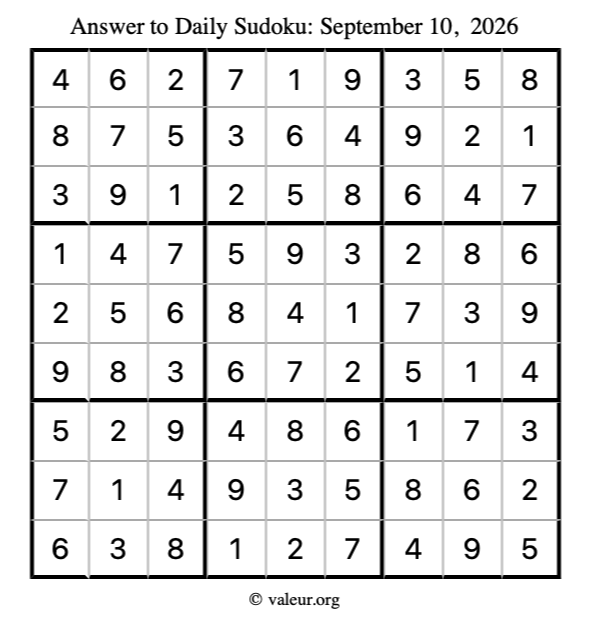 Answer to sudoku September 10, 2026