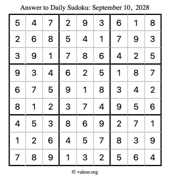 Answer to sudoku September 10, 2028