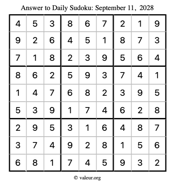 Answer to sudoku September 11, 2028
