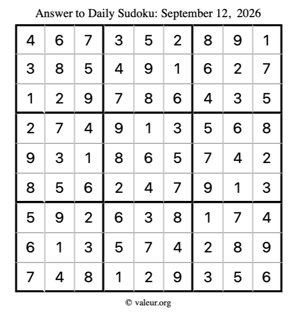 Answer to sudoku September 12, 2026