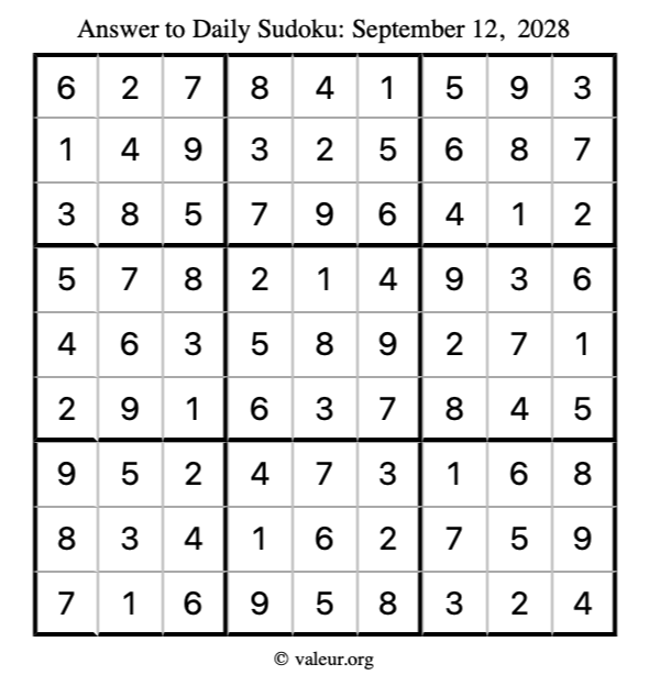 Answer to sudoku September 12, 2028