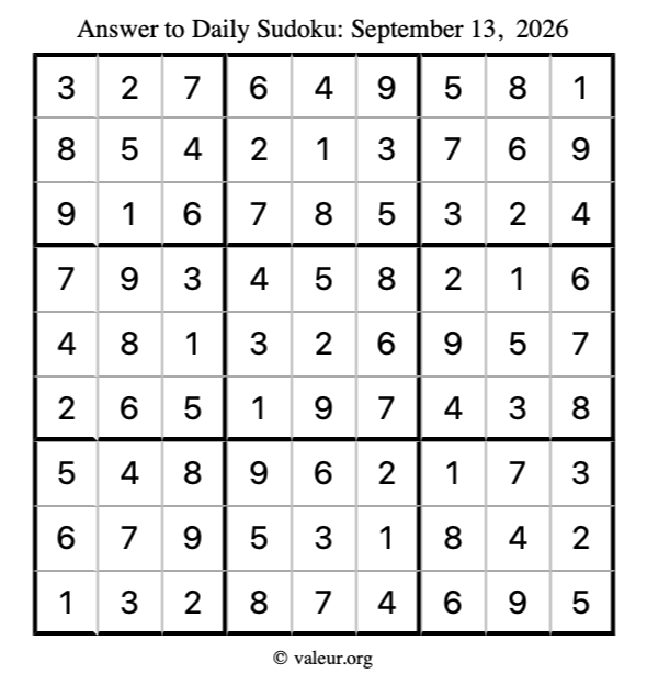 Answer to sudoku September 13, 2026