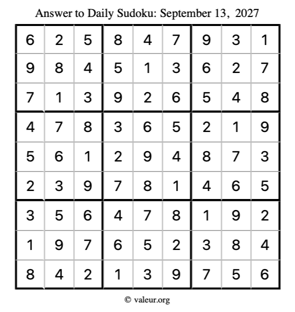 Answer to sudoku September 13, 2027