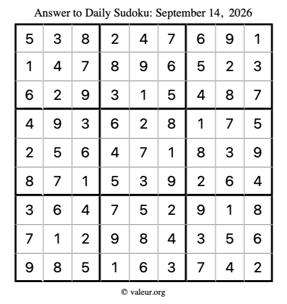Answer to sudoku September 14, 2026