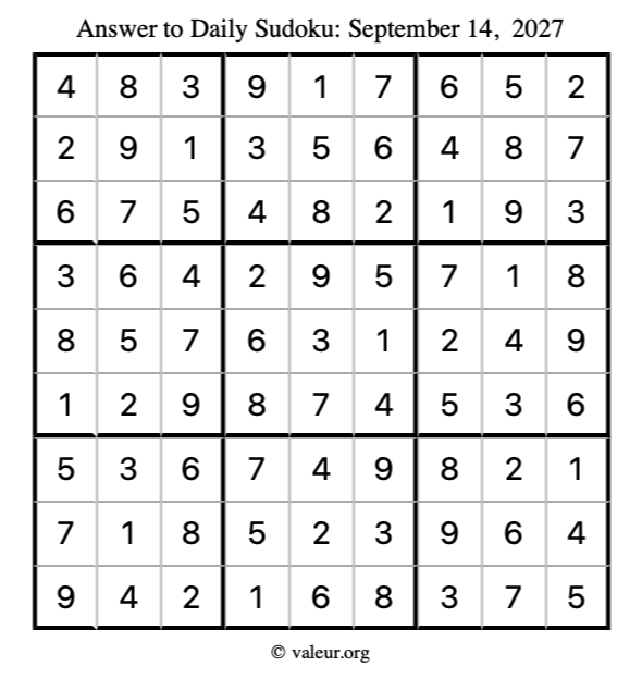 Answer to sudoku September 14, 2027