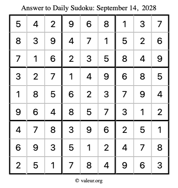 Answer to sudoku September 14, 2028
