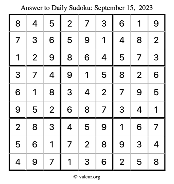 Answer to sudoku September 15, 2023