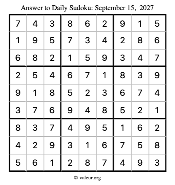 Answer to sudoku September 15, 2027