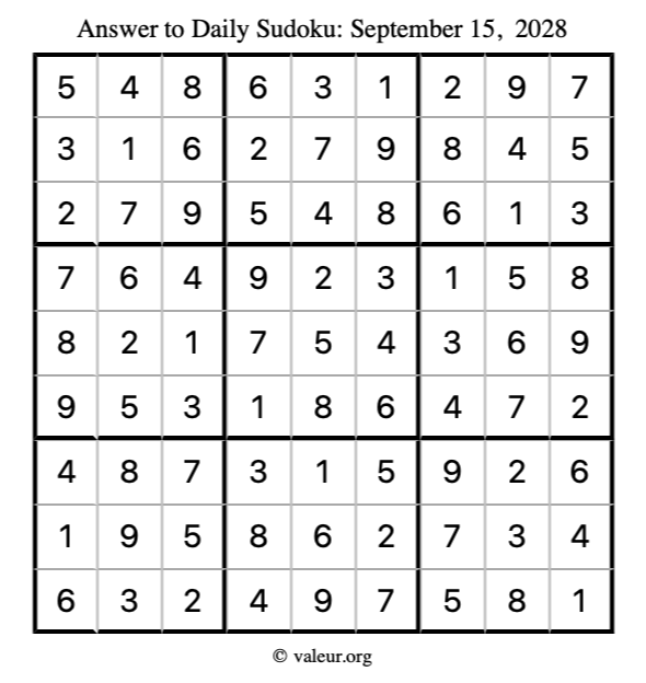 Answer to sudoku September 15, 2028
