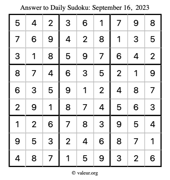 Answer to sudoku September 16, 2023