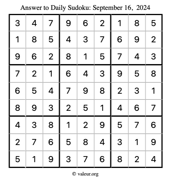 Answer to sudoku September 16, 2024