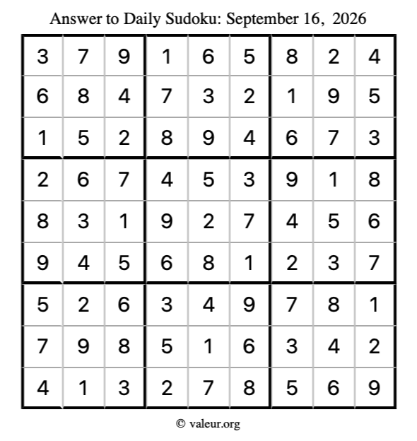 Answer to sudoku September 16, 2026
