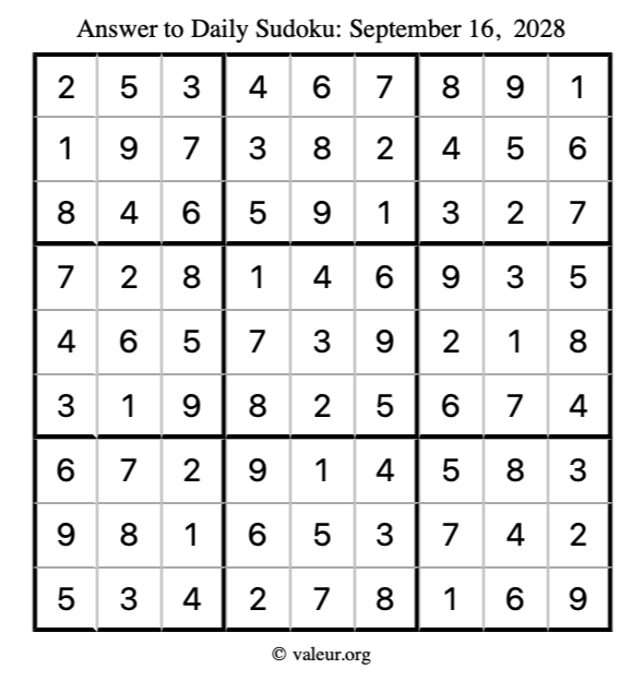 Answer to sudoku September 16, 2028