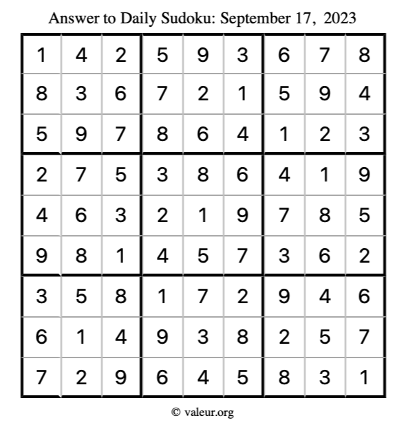 Answer to sudoku September 17, 2023