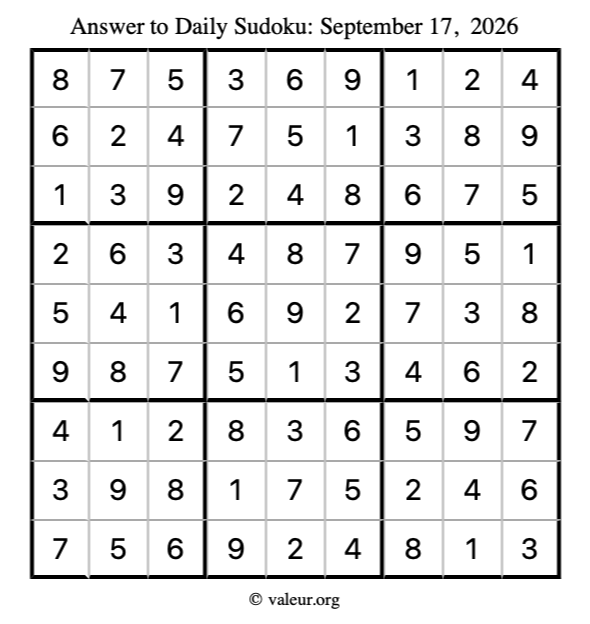 Answer to sudoku September 17, 2026