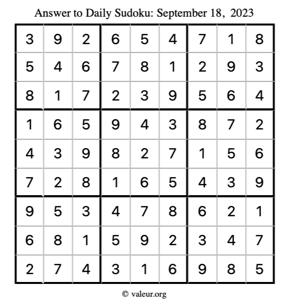 Answer to sudoku September 18, 2023