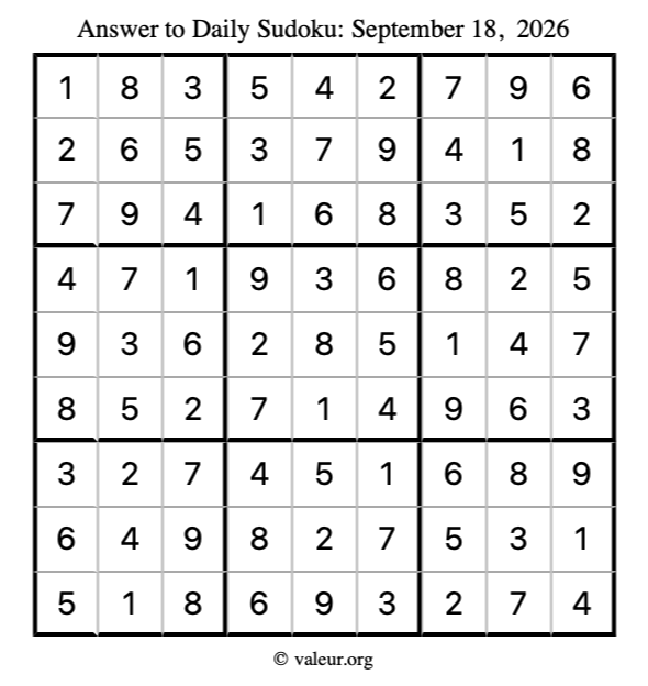 Answer to sudoku September 18, 2026
