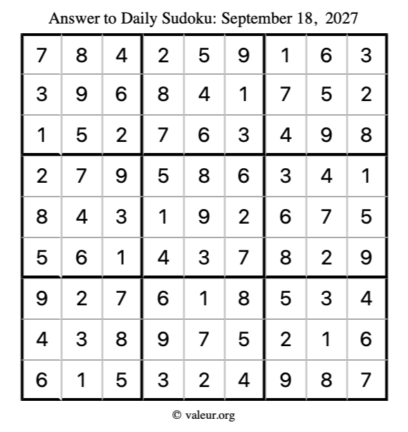 Answer to sudoku September 18, 2027