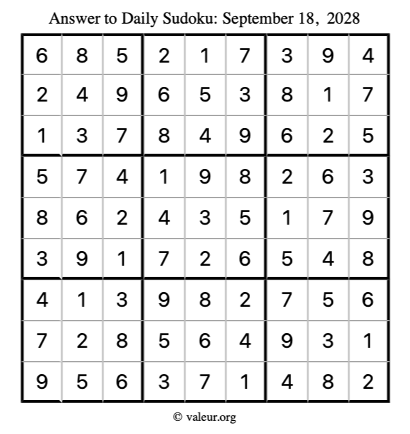 Answer to sudoku September 18, 2028