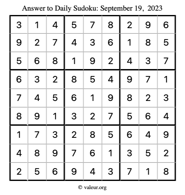 Answer to sudoku September 19, 2023