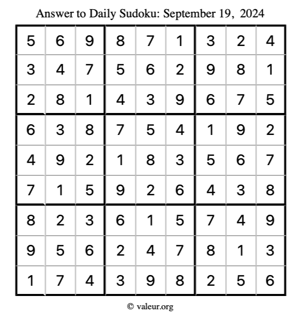 Answer to sudoku September 19, 2024