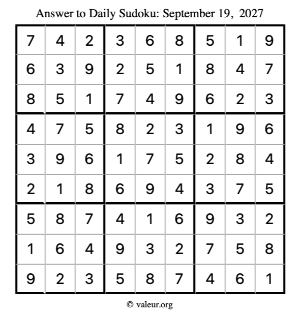 Answer to sudoku September 19, 2027